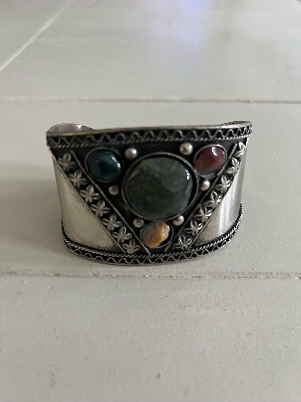 Silver Multi-Stone Cuff Bracelet - Green, Red, Blue Accent Stones